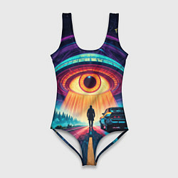 Купальник-боди 3D женский НЛО в форме глаза и человек на дороге, цвет: 3D-принт