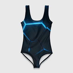 Купальник-боди 3D женский Черные плиты с синим светом, цвет: 3D-принт