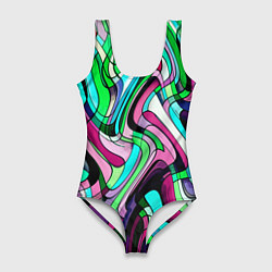 Женский купальник-боди Зелёно-розовый искажённая абстракция