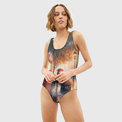 Купальник-боди 3D женский Красная телефонная будка на набережной, цвет: 3D-принт — фото 2