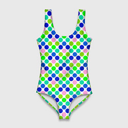 Купальник-боди 3D женский Разноцветный синий розовый зеленый горох на белом, цвет: 3D-принт