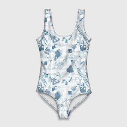 Женский купальник-боди Мемфис синий с серым клетчатый геометрический узор