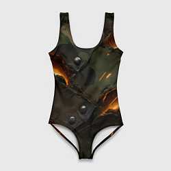Купальник-боди 3D женский Порванная камуфляжная ткань с огнем, цвет: 3D-принт
