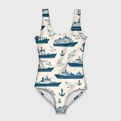 Женский купальник-боди Морской паттерн из чаек, якорей и кораблей