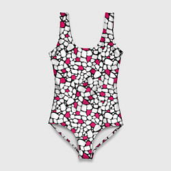 Женский купальник-боди Мелкий красно белый мозаичный узор на черном