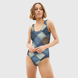 Купальник-боди 3D женский Джинсовый пэчворк ромбовый узор, цвет: 3D-принт — фото 2