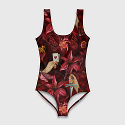 Женский купальник-боди Бордовая готика с сердцем, лилиями и мотыльками