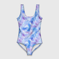Купальник-боди 3D женский Узор из голубых и сиреневых перьев, цвет: 3D-принт
