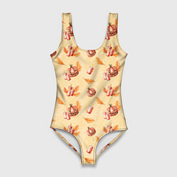 Женский купальник-боди Хеллоуин с тыквой и листьями