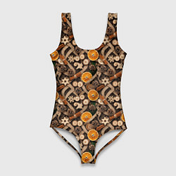 Купальник-боди 3D женский Новогодний орнамент с корицей и дольками апельсина, цвет: 3D-принт