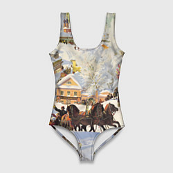Купальник-боди 3D женский Русская тройка зимой - картина Масленица Кустодиев, цвет: 3D-принт