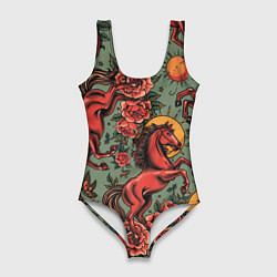Купальник-боди 3D женский Красный конь и розы, цвет: 3D-принт