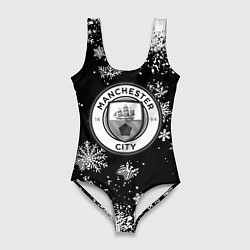 Купальник-боди 3D женский Манчестер сити снежинки новый год, цвет: 3D-принт