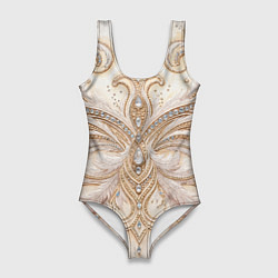 Купальник-боди 3D женский Перламутровый орнамент с перьями, цвет: 3D-принт