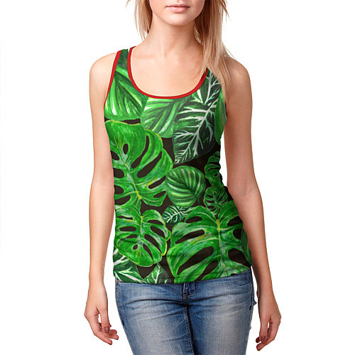Женская майка без рукавов Тропические листья на темном фоне / 3D-Красный – фото 3