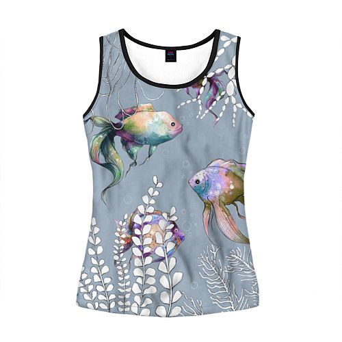 Женская майка без рукавов Разноцветные акварельные рыбки и белые водоросли / 3D-Черный – фото 1