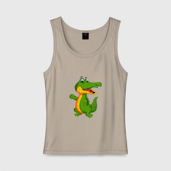 Майка женская хлопок Зеленый крокодильчик машет, цвет: миндальный