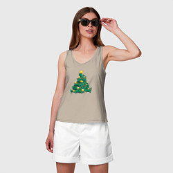 Майка женская хлопок Christmas Tree Made Of Green Cats, цвет: миндальный — фото 2