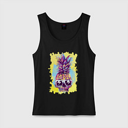 Майка женская хлопок Череп-ананас в тёмных очках - лето, цвет: черный