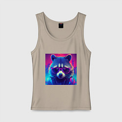 Майка женская хлопок Енот в очках и куртке на фоне неонового киберпанк-, цвет: миндальный