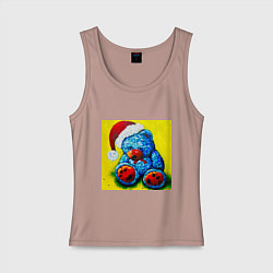 Майка женская хлопок Плюшевый синий Санта мишка, цвет: пыльно-розовый