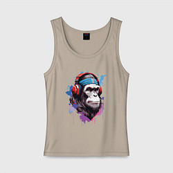Майка женская хлопок Шимпанзе в наушниках, цвет: миндальный
