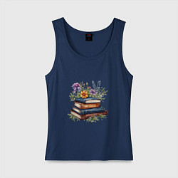 Майка женская хлопок Стопка книг с полевыми цветами, цвет: тёмно-синий