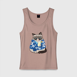 Майка женская хлопок Кот мем в отпуске, цвет: пыльно-розовый