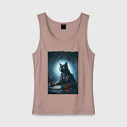 Женская майка Кибер кот за компьютером - неоновое свечение