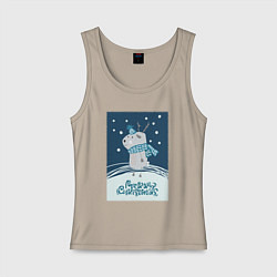 Майка женская хлопок Новогодний олень с шарфом, цвет: миндальный