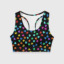 Топик спортивный женский Сердечки разноцветные на черном, цвет: 3D-принт