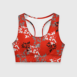 Топик спортивный женский Черные и серые ветки на красном фоне в японском ст, цвет: 3D-принт