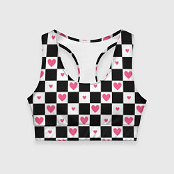 Топик спортивный женский Розовые сердечки на фоне шахматной черно-белой дос, цвет: 3D-принт