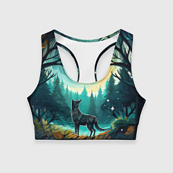 Топик спортивный женский Волк в ночном лесу фолк-арт, цвет: 3D-принт