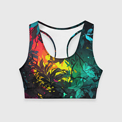 Топик спортивный женский Яркие разноцветные абстрактные листья, цвет: 3D-принт