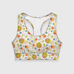 Топик спортивный женский Хохломская роспись разноцветные цветы на белом фон, цвет: 3D-принт