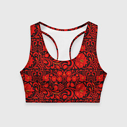 Топик спортивный женский Хохломская роспись красные цветы и ягоды на чёрном, цвет: 3D-принт