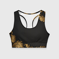 Топик спортивный женский Золотые объемные листья на черном, цвет: 3D-принт