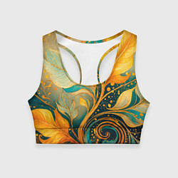 Топик спортивный женский Золотые и бирюзовые листья абстракция, цвет: 3D-принт