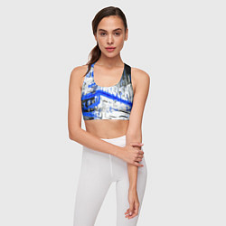 Топик спортивный женский Сине-белая абстракция на чёрном фоне, цвет: 3D-принт — фото 2