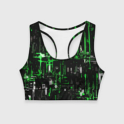 Женский спортивный топ Бело-зелёная тревожная абстракция на чёрном фоне