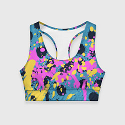 Топик спортивный женский Брызги краски розовой желтой и темно синей, цвет: 3D-принт