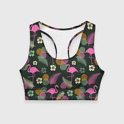 Топик спортивный женский Фламинго и листья на темно-зеленом, цвет: 3D-принт