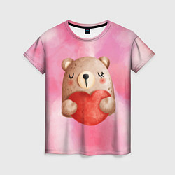 Футболка женская Медвежонок с сердечком День влюбленных, цвет: 3D-принт