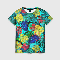 Футболка женская Тропические растения на бирюзовом фоне, цвет: 3D-принт