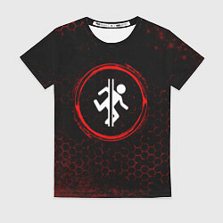 Футболка женская Символ Portal и краска вокруг на темном фоне, цвет: 3D-принт