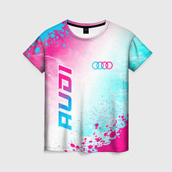 Футболка женская Audi neon gradient style: символ и надпись вертика, цвет: 3D-принт