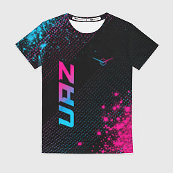 Футболка женская UAZ - neon gradient: символ и надпись вертикально, цвет: 3D-принт