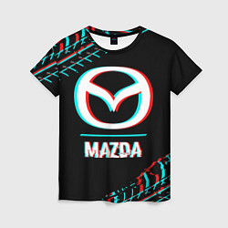 Футболка женская Значок Mazda в стиле glitch на темном фоне, цвет: 3D-принт