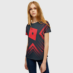 Футболка женская Красный символ Roblox на темном фоне со стрелками, цвет: 3D-принт — фото 2